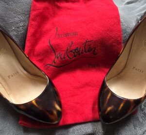 Christian Louboutin Tortoiseshell Patent Pointed-Toe Pumps with Red Dust Bag